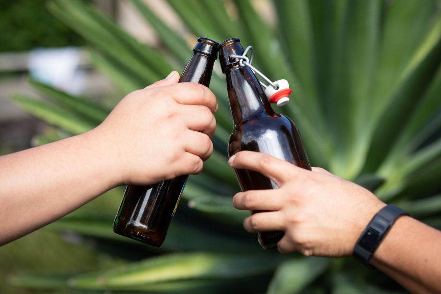 two hands cheersing beer bottles