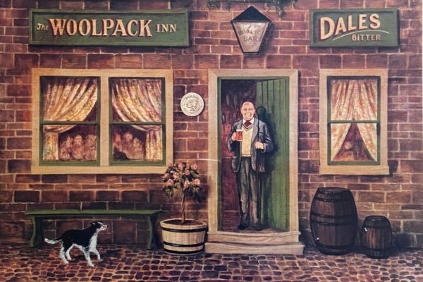 painting of man, dog, and beer in front of an inn