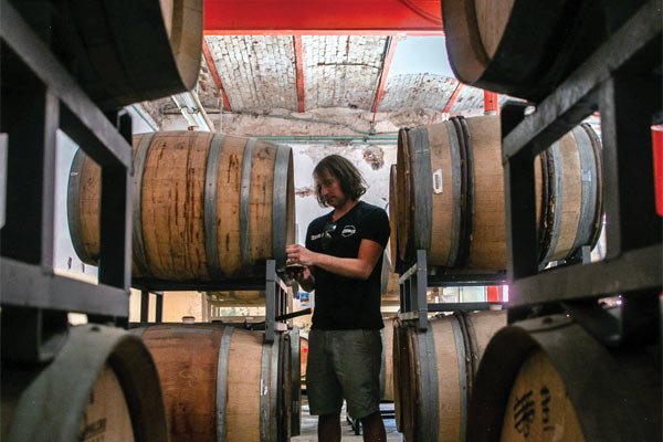 Brewer among beer barrels