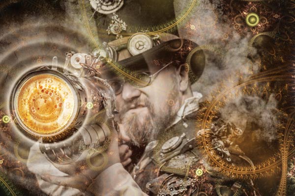 A mind-bending, beer-centric image in the steampunk style