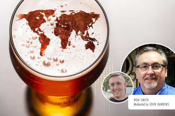 world map in beer foam in glass with Zymurgy Live speaker headshots